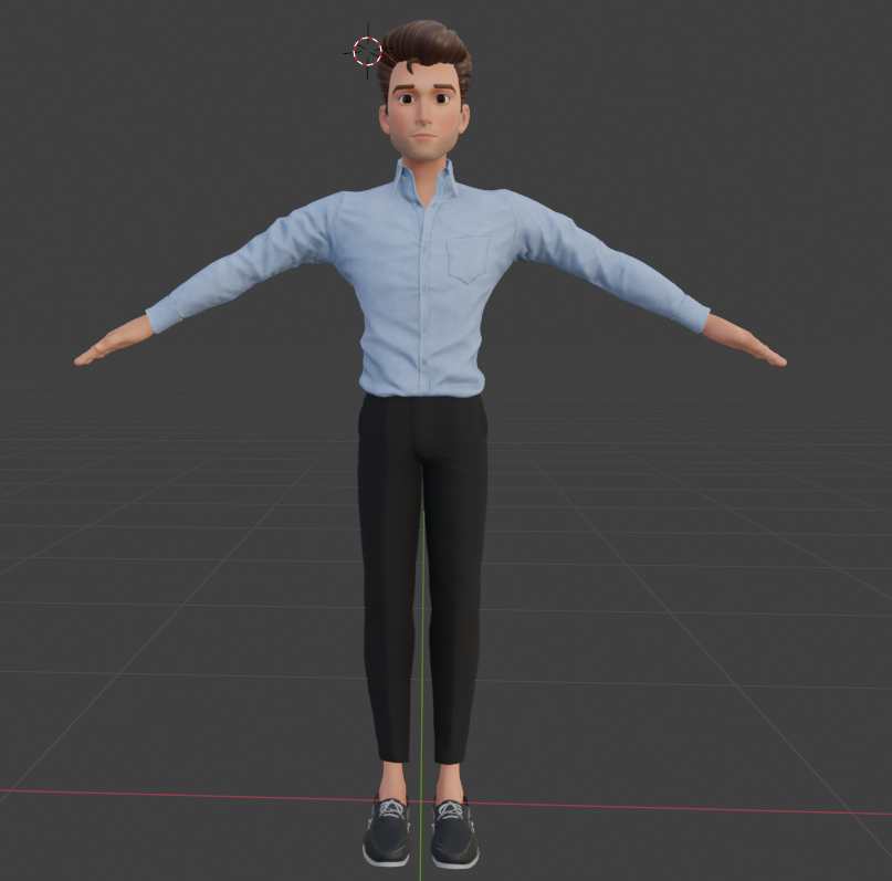 3D model of a cartoon man in a blue shirt and black slacks